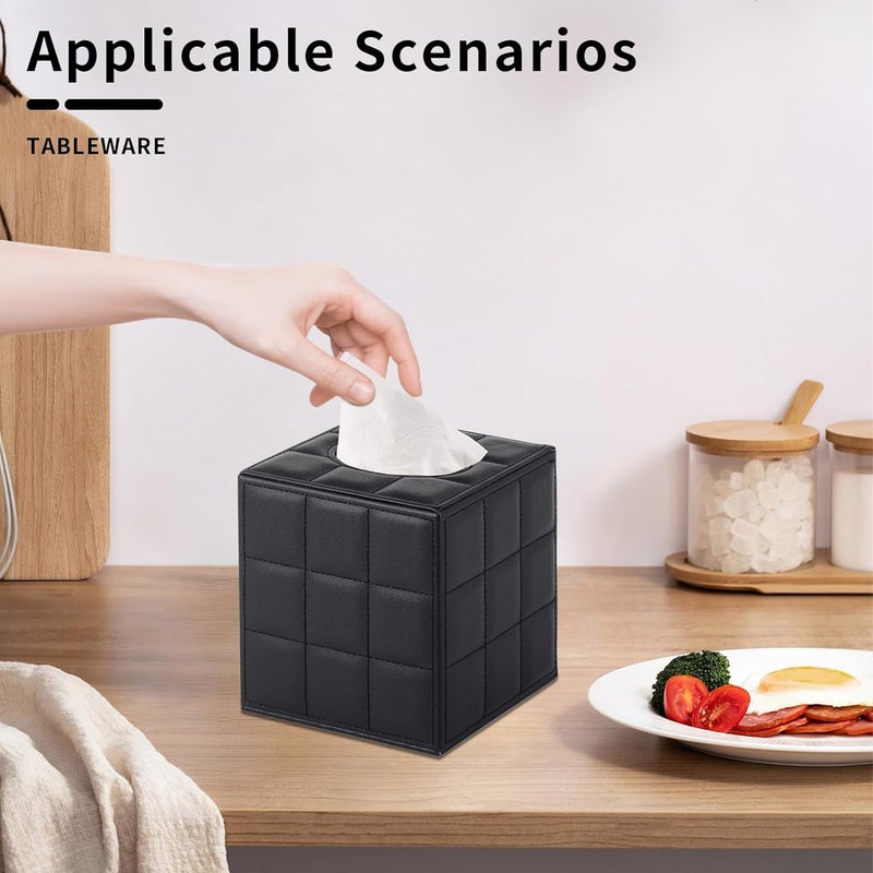 XNONE Tissue Box Cover Square Tissue Box Holder PU Leather Facial Organizer with Magnetic Bottom,Decorative Napkin Caddy for Vanity Dresser Night Stand Table Countertop Home Office Car,Black - Image 2